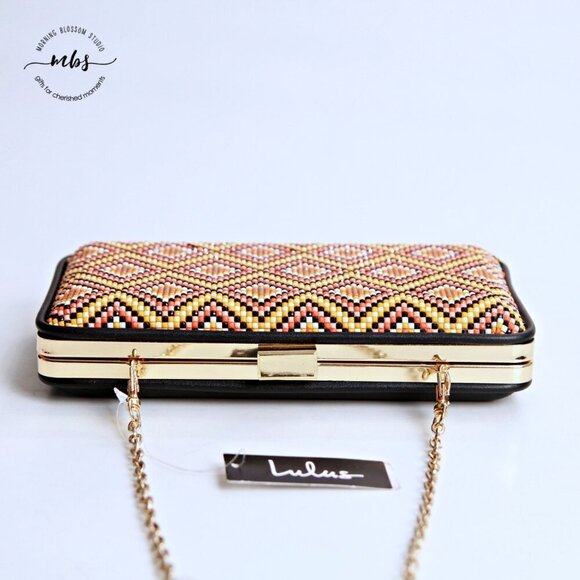NWT Lulu\'s Beaded Hard Case Clutch Multicolor Orange with Removable Golden Chain